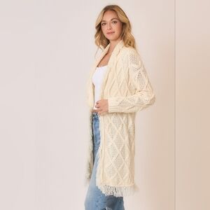 COZY CO Cable Knit Fringe Hem Cardigan